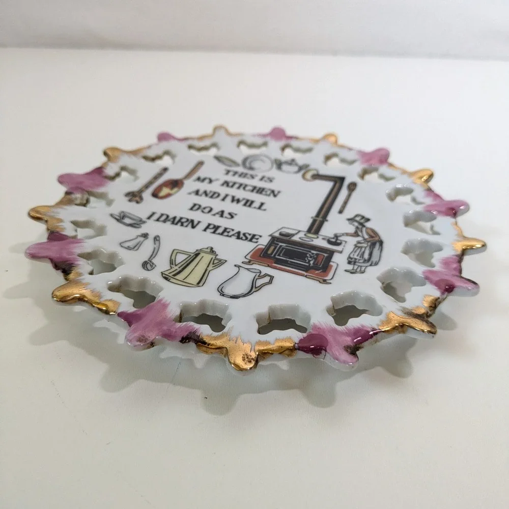 Vintage Kitchen Wall Plate Funny Mom Japan Reticulated Gold MCM Kitsch Hanging